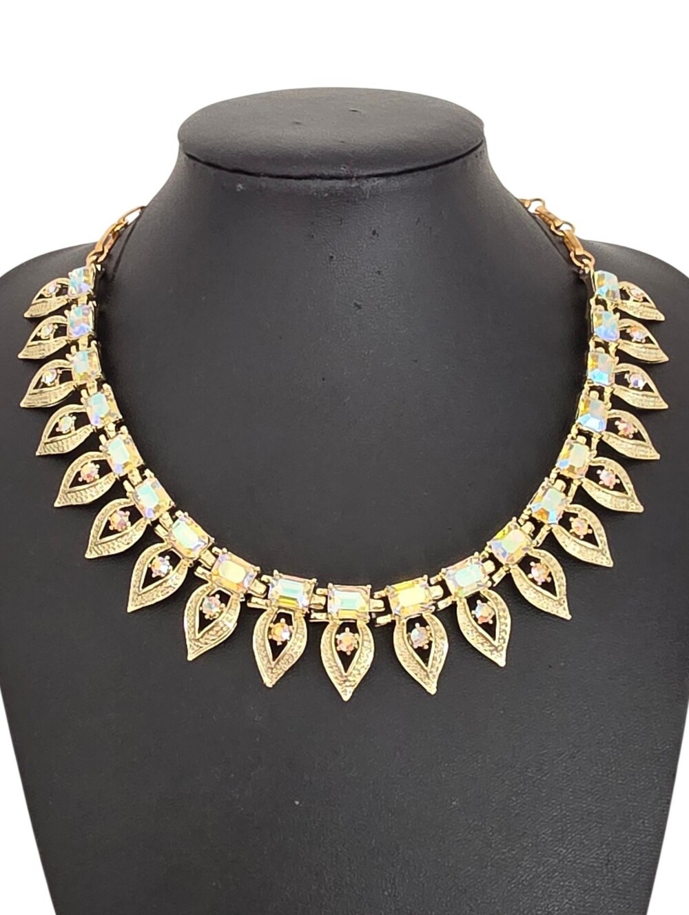 Vintage Signed CORO AB Aurora Borealis Rhinestone Leaf Fringe Necklace 17"